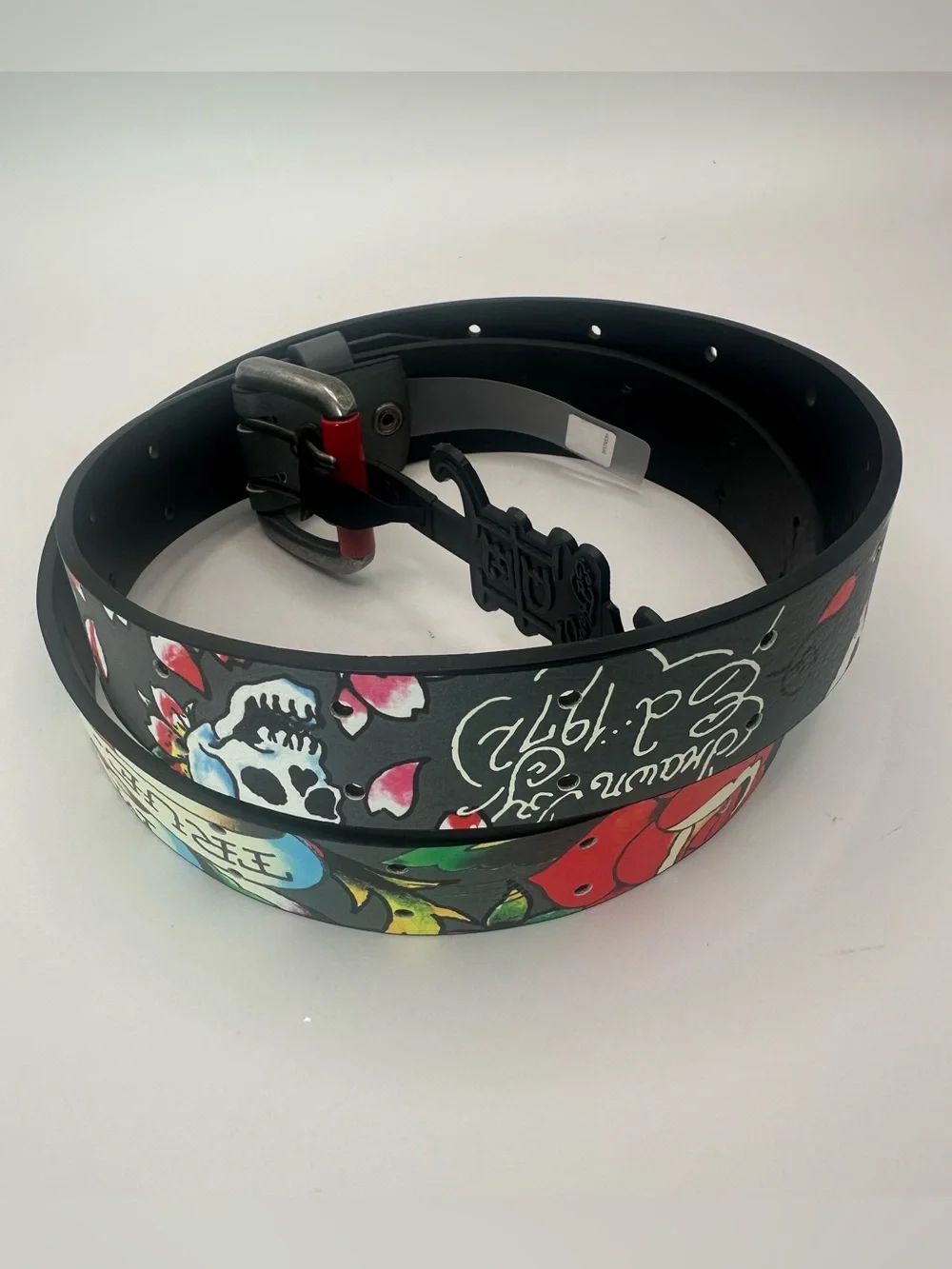 Ed Hardy Men's Graphic Print Studded Skull Belt Adjustable Buckle Black 42